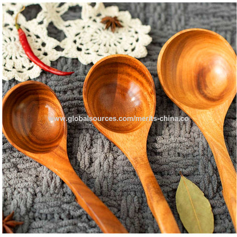 Kitchen Cooking Straight Handle Wooden Wood Soup Scoop Spoon Ladle Brown  11 Long