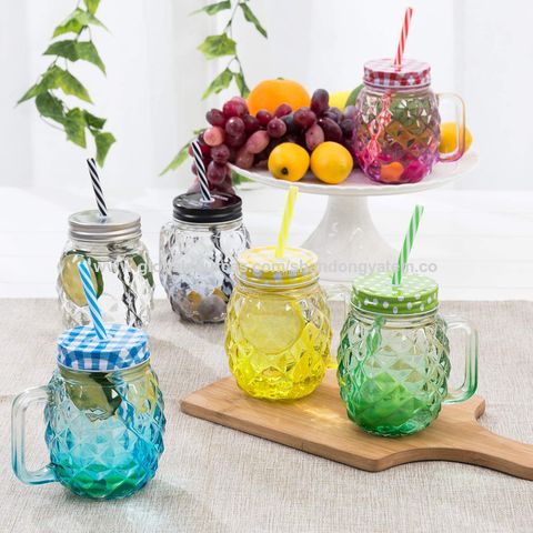 500ml Glass Bottle Glass Jar with Handle with Metal Lid with Straw - China Glass  Bottle with Handle, Glass Bottle Ananas Shape