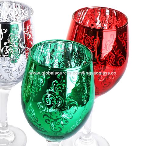 MyGift Etched Glass Colored Christmas Wine Glasses