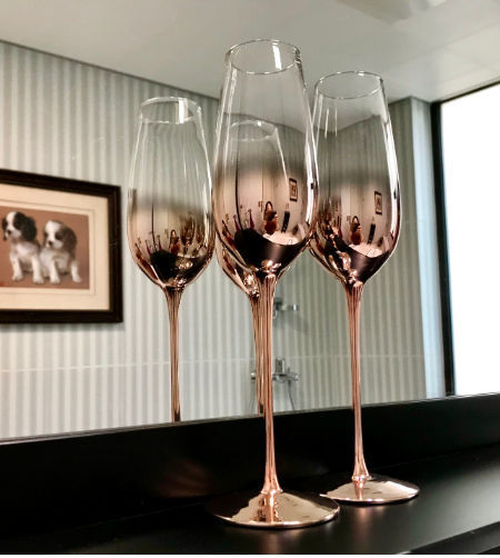 Stemmed Champagne Flute Glasses in Rose Gold-Tone Finish, Set of 6