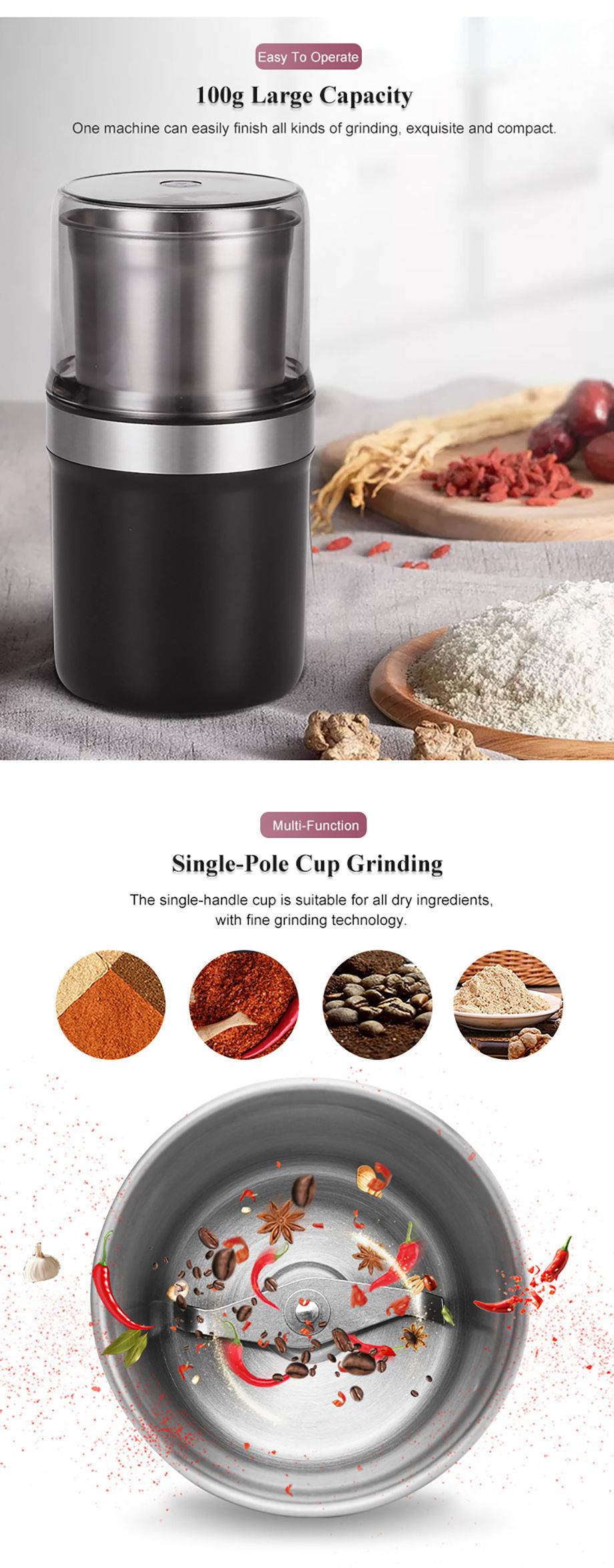 1pc Multifunctional Mini Coffee Bean Grinder For Home Use 200w, Suitable  For Spices, Herbs, Brushed Nuts With One-button Control
