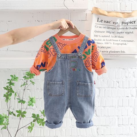 Costume bébé garçon en coton à manches longues col chemise denim bretelles  pantalon