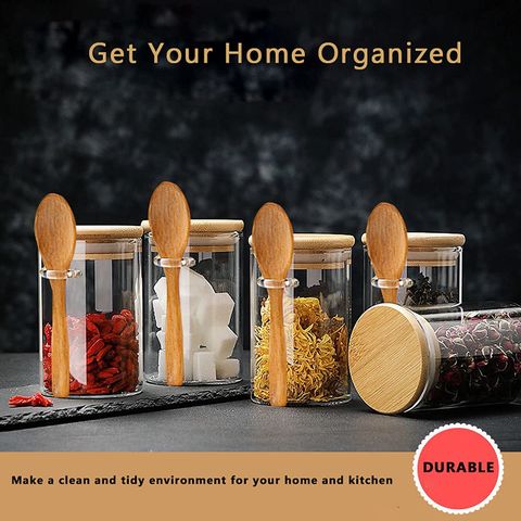8 Pcs Spice Containers 8.5oz Glass Spice Jars With Acacia Lid and Labels -  Stackable Empty Round Spice Canister for Kitchen