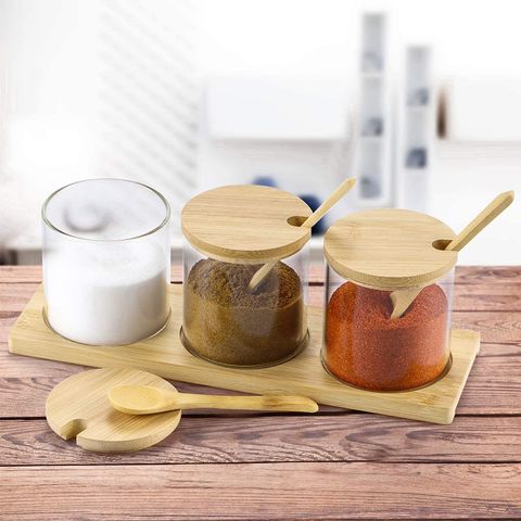 Porcelain Condiment Jar Spice Container with Lids - Bamboo Cap Holder Spot,  Ceramic Serving Spoon, Wooden Tray Best Pottery Cruet Pot for Your Home