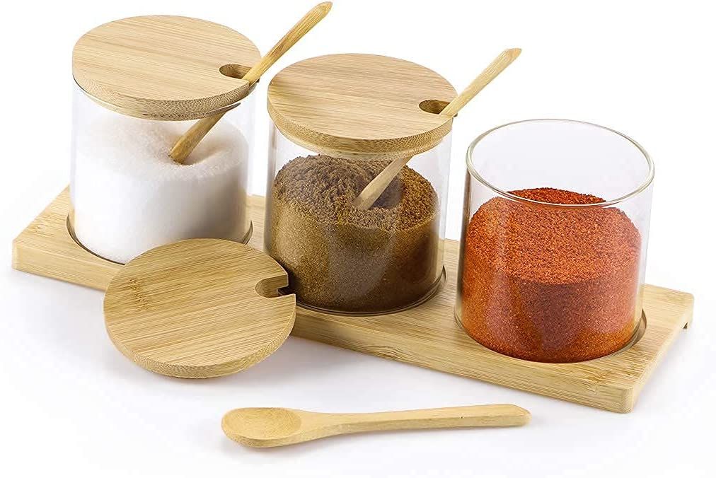 Porcelain Condiment Jar Spice Container with Lids - Bamboo Cap Holder Spot,  Ceramic Serving Spoon, Wooden Tray Best Pottery Cruet Pot for Your Home