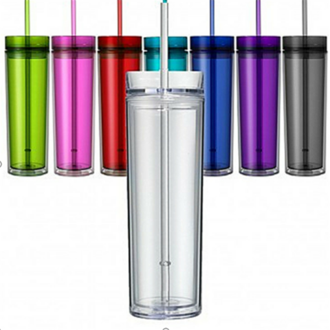 New Tall Skinny Tumbler Acrylic Water Bottle BPA Free 16oz w/Straw