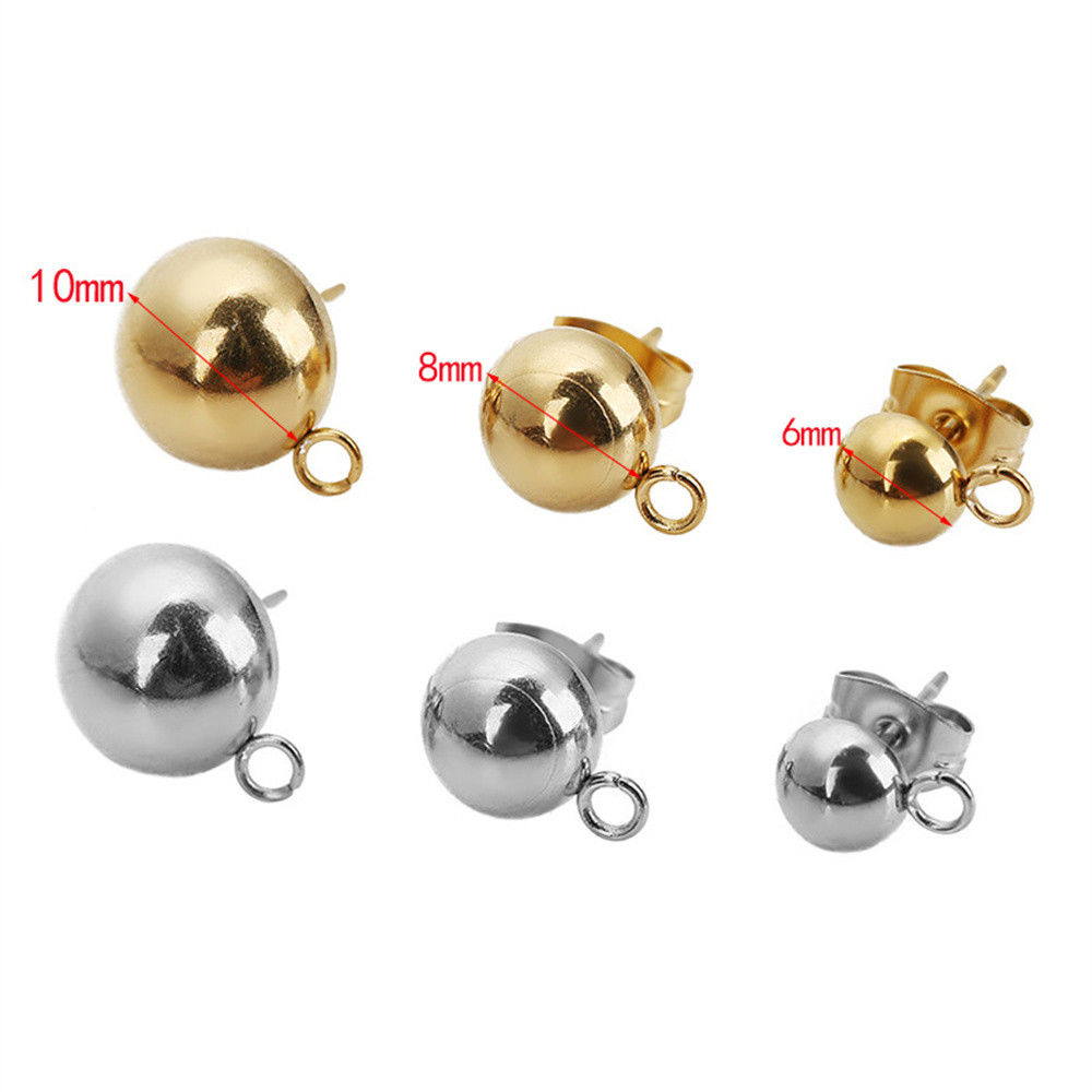 Earring Post with 8mm Half Ball and Loop, Gold-Plated (72 Pieces)