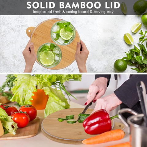 Acacia Wood Salad Bowl with Servers Set - Large 9.4 Inches Solid Hardwood Salad