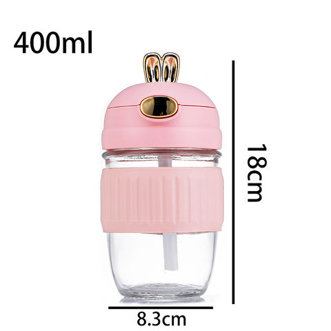 Tapa de conejo de dibujos animados de 400ml, botella de agua de vidrio para beber niños con manga de silicona con paja