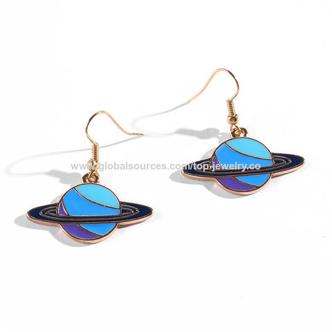 Boucles d'oreilles asymétriques tendance, petites, ciel étoilé bleu, lune, planète cosmique, clous d'oreilles pour femmes