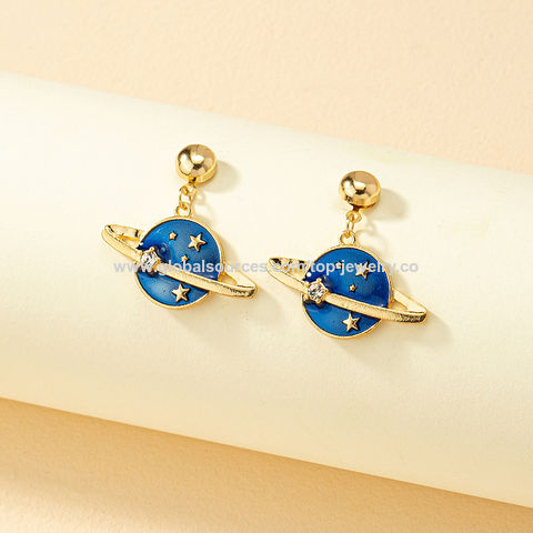 Boucles d'oreilles asymétriques tendance, petites, ciel étoilé bleu, lune, planète cosmique, clous d'oreilles pour femmes