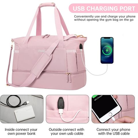 Gym Bag for Women, Sports Travel Duffel Bag with USB Charging Port,  Weekender Overnight Bag with Wet Pocket and Shoes Compartment for Women  Travel
