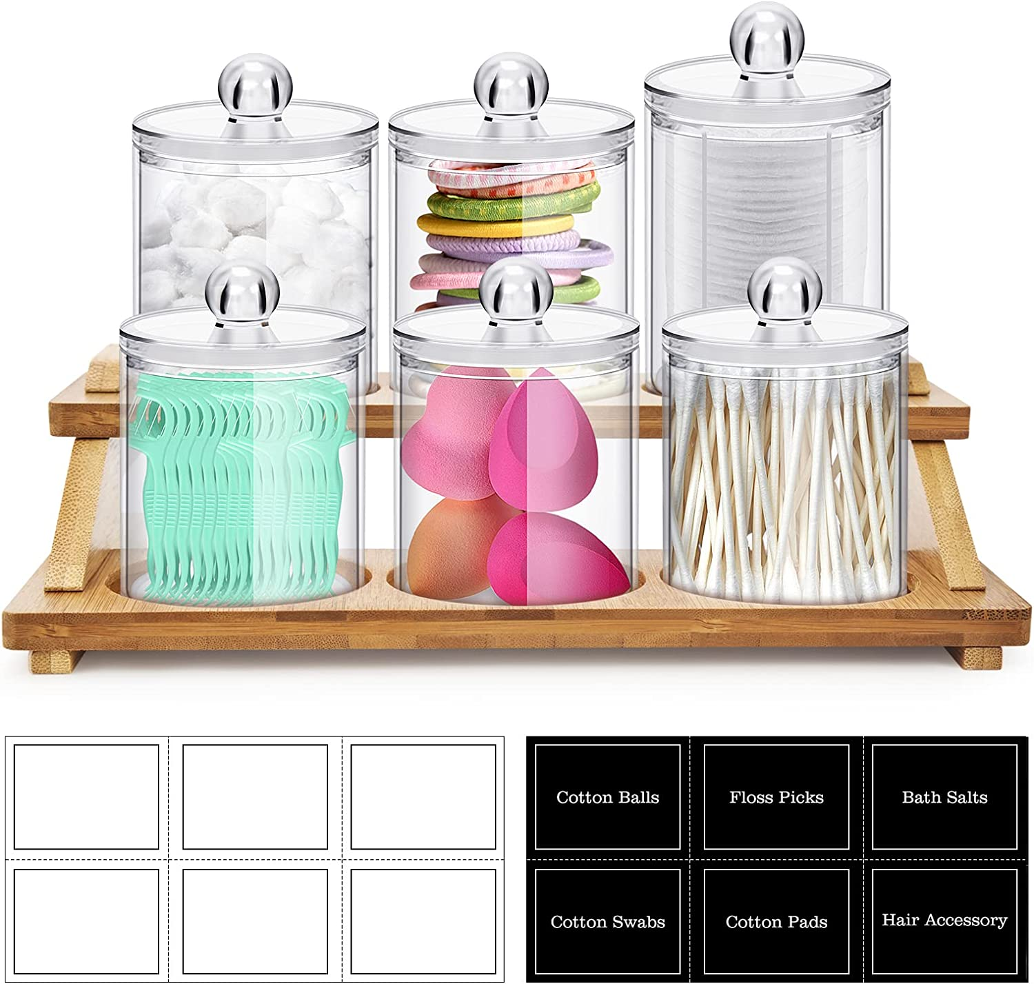 4 Pack Qtip Holder Dispenser with Bamboo Lids - 10 oz Clear Plastic  Apothecary Jar Containers for Vanity Makeup Organizer Storage - Bathroom  Accessories Set for Cotton Swab, Ball, Pads, Floss