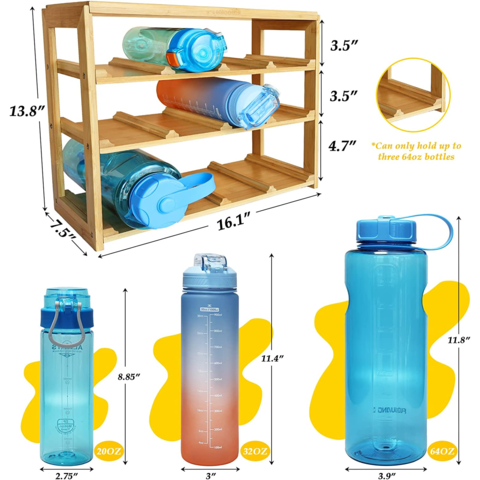 Water Bottle Organizer, Freestanding Bamboo Water Bottle Holder Rack,  Sturdy Water Cup Stand Storage for Cabinet, Kitchen Countertops, Table Top,  Pantry (for 12 Bottles) 