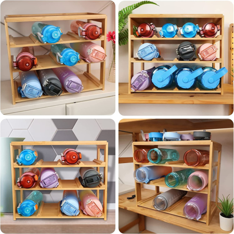 Natural 3-Tier Bamboo Water Bottle Organizer For Cabinet or Pantry