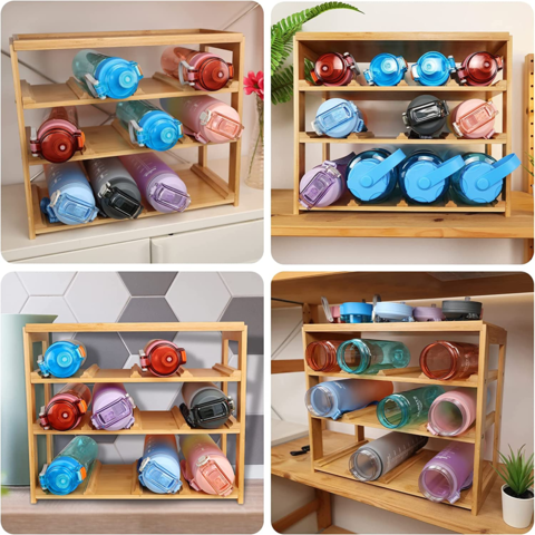 Water Bottle Organizer, Freestanding Bamboo Water Bottle Holder Rack,  Sturdy Water Cup Stand Storage for Cabinet, Kitchen Countertops, Table Top,  Pantry (for 12 Bottles) 