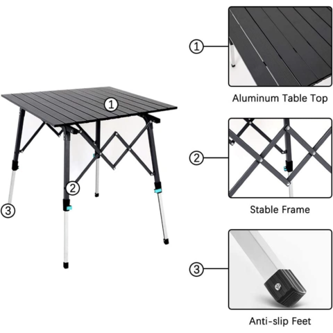 Mesa de camping plegable portátil al aire libre con bolsa de  almacenamiento, barbacoa, camping, coche, aluminio simple, ligero, altura  ajustable, mesa