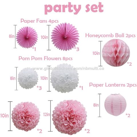 16-teiliges Rosa Partydekorations-Set: Papier-Pompons, Wabenbälle, Laternen, Seidenpapierfächer für Geburtstag, Hochzeit, Valentinstag