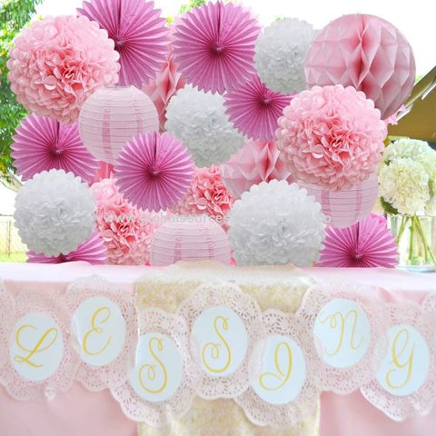 16-teiliges Rosa Partydekorations-Set: Papier-Pompons, Wabenbälle, Laternen, Seidenpapierfächer für Geburtstag, Hochzeit, Valentinstag