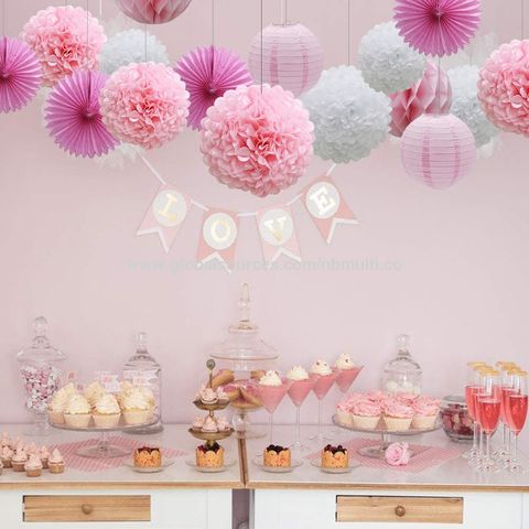 16-teiliges Rosa Partydekorations-Set: Papier-Pompons, Wabenbälle, Laternen, Seidenpapierfächer für Geburtstag, Hochzeit, Valentinstag