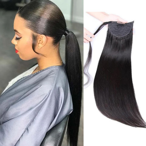 Sillk Straight Grey Real Hair Pony Tail Hairpiece Wrap Drawstring