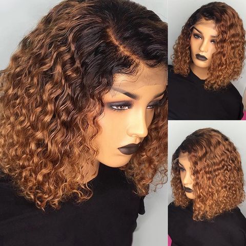 1b 27 Ombre Color Short Curly Lace Front Human Hair Wigs With Baby