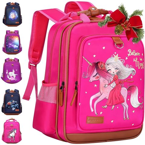 3PCS School Backpack for Girls, Kids Bookbags Set Primary Girls Students (Daypack + Lunch Bag + Pencil Case) (Rose Red)