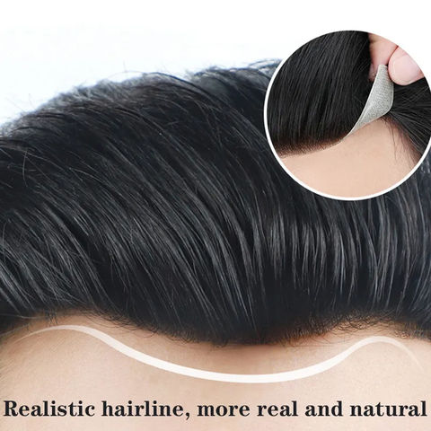 Mens Toupee REAL Human Hair Replacement System V-loop Thin Skin Topper  Hairpiece