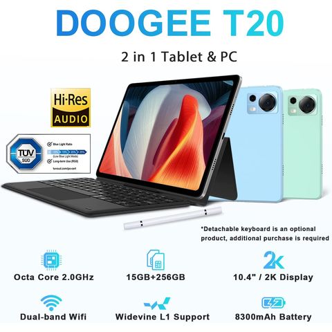 DOOGEE T20 Tablette 10.4 Pouces Android 12, 15Go+256Go/TF 1To, 8300mAh  Batterie Tablette Tactile IPS 2K HD 2.0 GHz Octa-Core, Bluetooth, Wi-FI