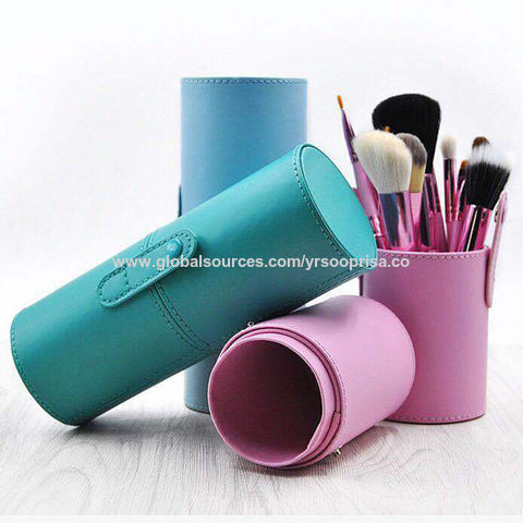 Makeup Brush Case Makeup Brush Holder Travel Waterproof Cosmetic Bag  Stand-up Foldable Makeup Cup with Zipper (Black + Pink)