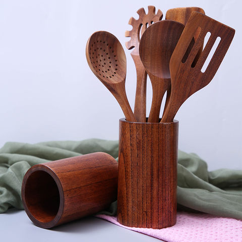 Juego de utensilios de cocina de madera, 5 piezas, espátula de madera de  nogal negro y cucharas para cocinar, utensilios de cocina de madera natural
