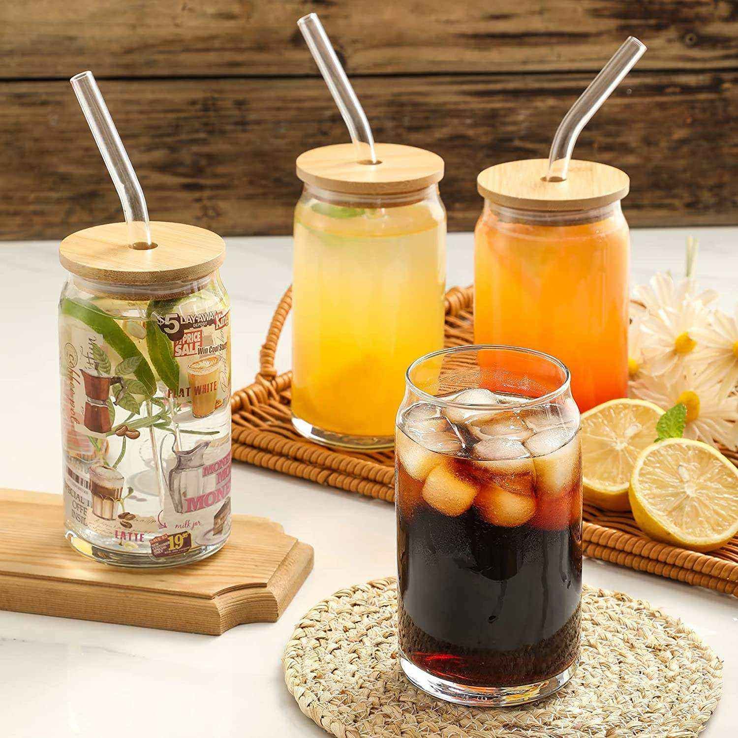 Sublimation Glass Tumblers With Bamboo Lid And Straw, Gradient Color Can  Shaped Glasses With Lid And Straw, Cute Glass Cup With Bamboo Lid And Straw,  Iced Coffee Cups & Beer Glasses 