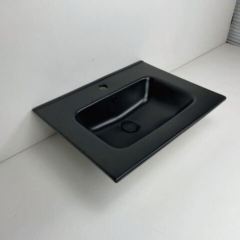 White Ceramic Cabinet Bathroom Sink with Modern Black Cabinet