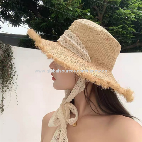 Fashion (56-58cm) Embroidery Summer Straw Hat Women Wide Brim Sun