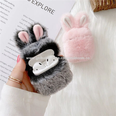 Charging Case Fake Airpods Pink Cute Fluffy Rabbit Earphone Case