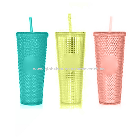Smoothie Cup with Straw and lid, Iced Coffee Cup Studded Cup Tumbler  Plastic Double-Walled Travel Cup for Iced Coffee Cold Drinks Water Slush