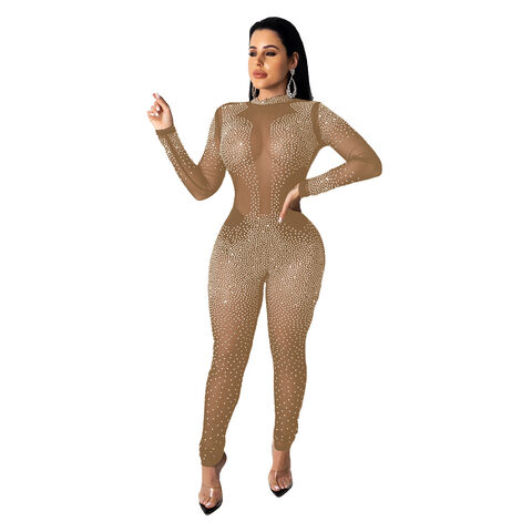 Womens Sexy Sheer Bodysuit Long Sleeve Mesh Full Body Stocking Jumpsuit  Romper