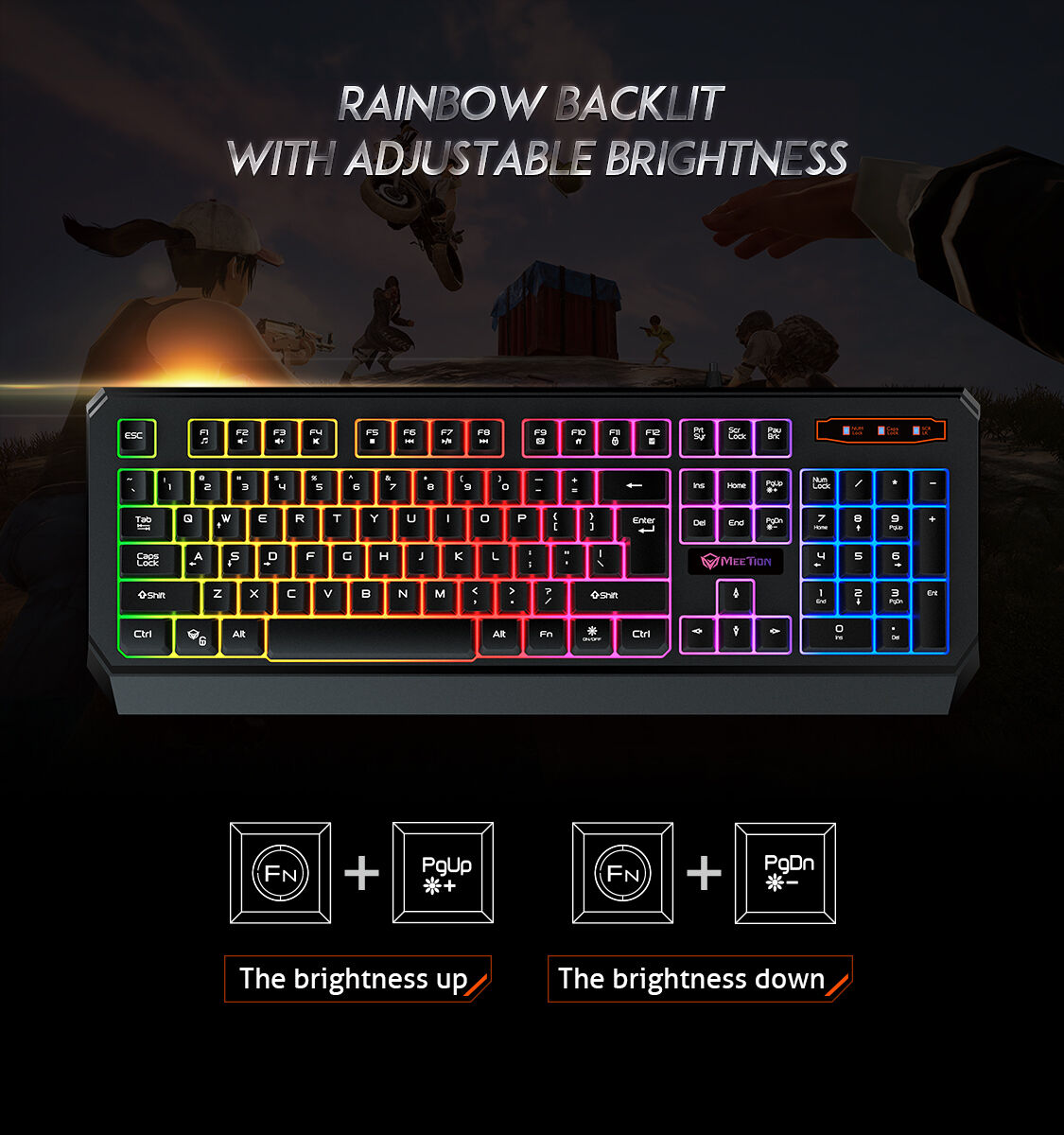 Meetion Mtk9320 New Luminous Standard 104key Membrane Rgb Waterproof Professional Gaming Wired
