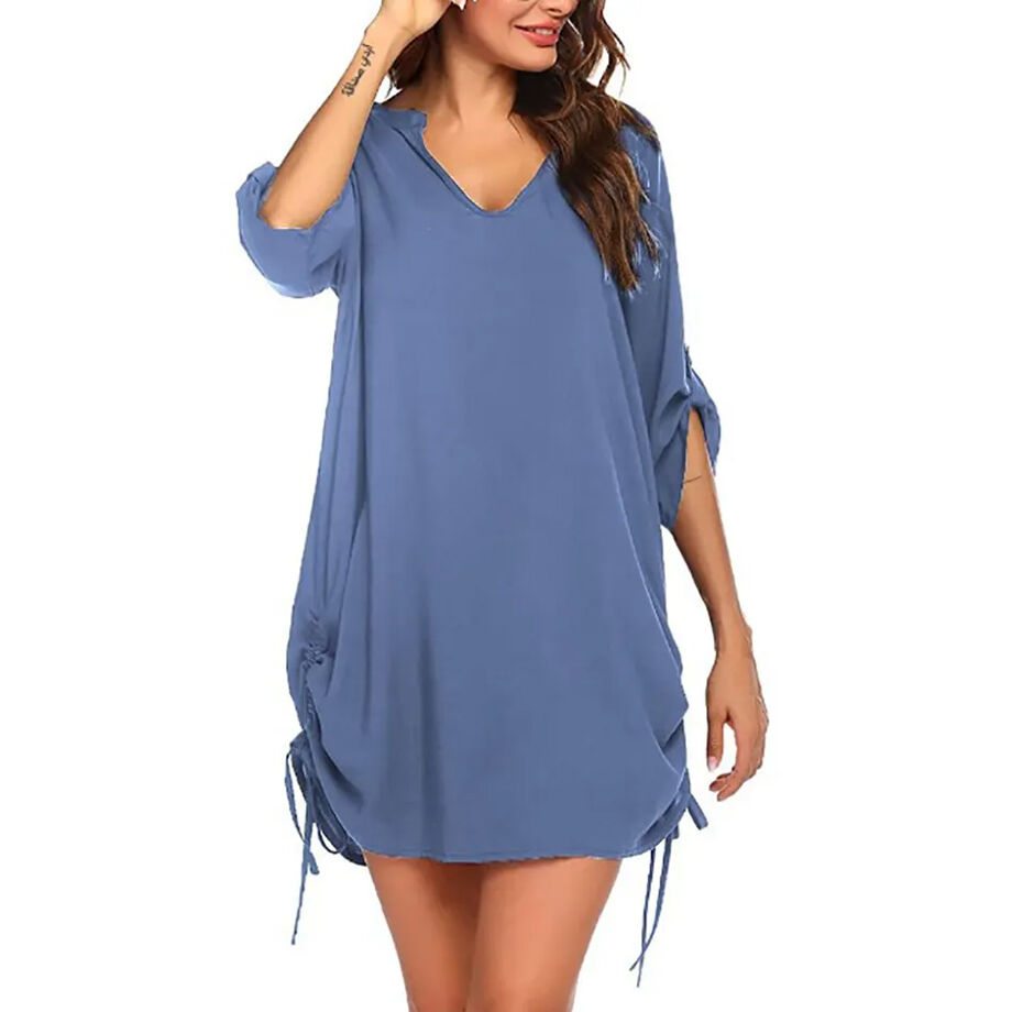 Asymmetric hem scoop neck solid color casual on sale dress