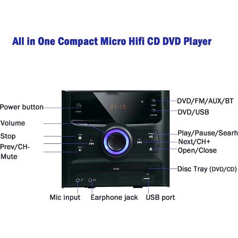 Stereo System for Home with Bluetooth, Micro HiFi CD Player, Stereo DVD  Player, FM Radio, CD MP3 Playback,USB/AUX/Mic/Headphone Jack,Remote  Control,30W Micro Music Sound Home Stereo System 