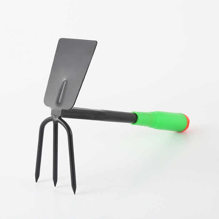 Com-four Ensemble 2 Outils Jardinage - Petit Balai Et Double Houe En Plastique Renforcé Fibre