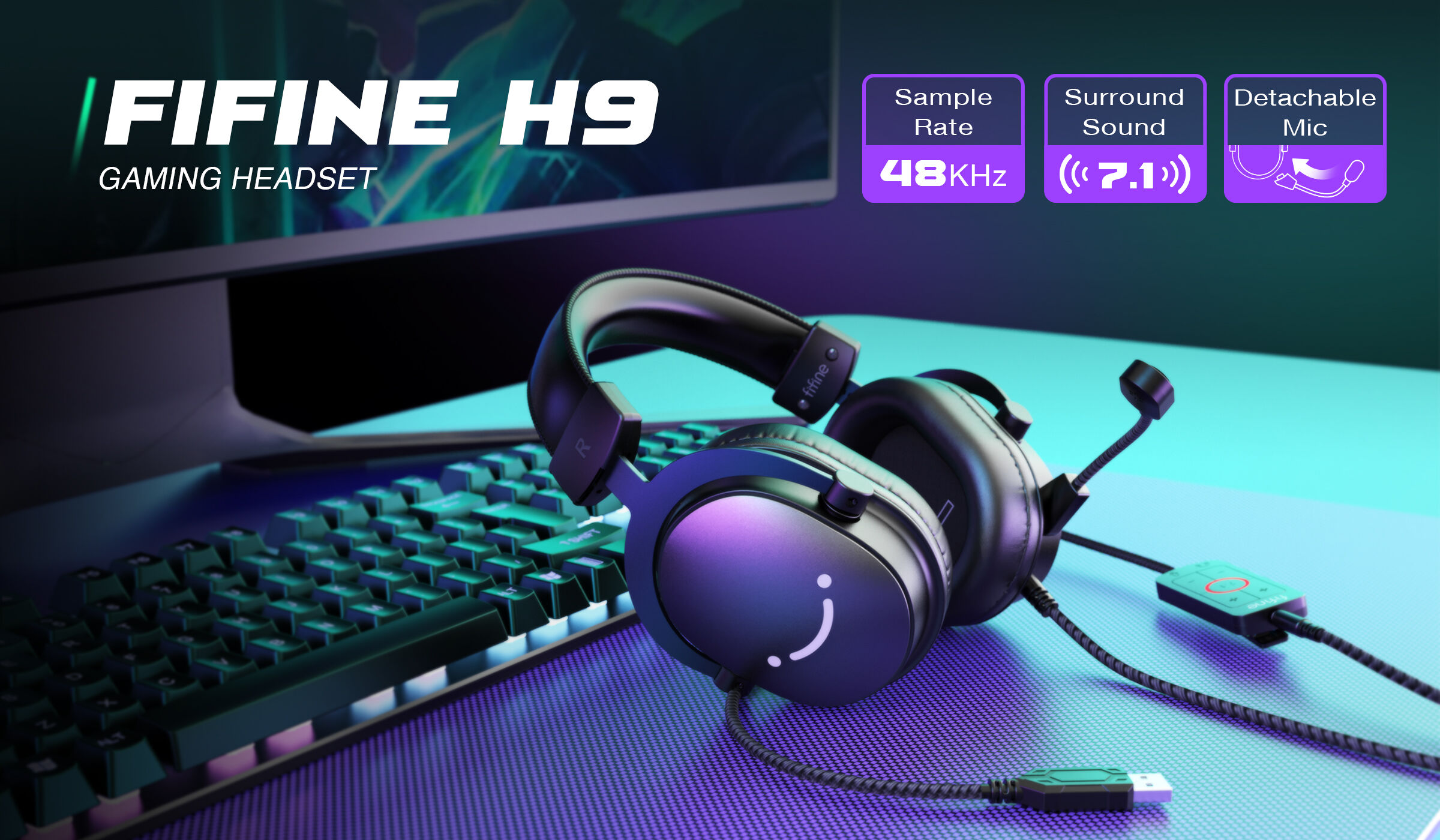 FIFINE AmplGame H6 - Auriculares para juegos con cable de PC con micrófono,  sonido envolvente 7.1, auriculares USB para computadora portátil