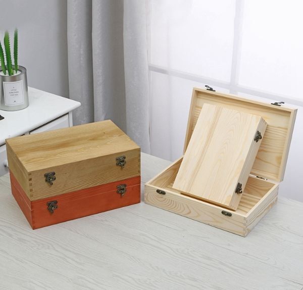 Natural Pine Wooden Box  Wood Storage Container with Sliding Lid