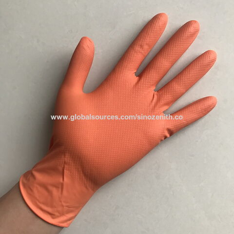 Guante de nitrilo verde con agarre de diamante, agarre superior extra grueso, EN374, naranja, 12"