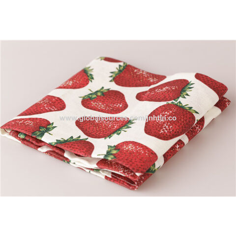 Black hand towel with strawberries. Kitchen dishcloths. Strawberry