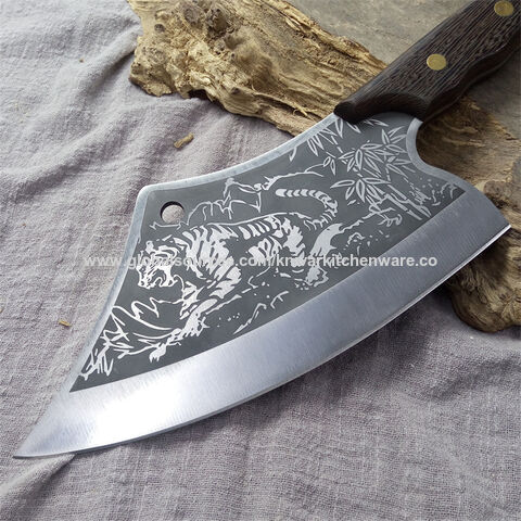 Handmade Chinese Kitchen Meat Cleaver Tiger Pattern High Carbon Steel w/  Cover