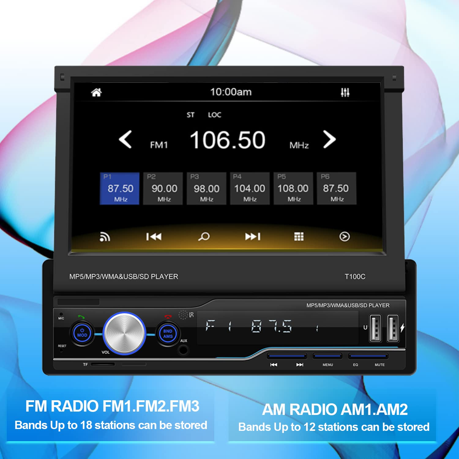 Pantalla táctil extraíble ajustable de 10.1 pulgadas Estéreo de coche  Single DIN Apple Carplay Android Auto Radio Bluetooth FM Car Audio Receptor