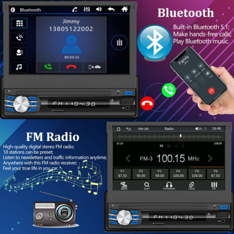 Radio de coche de un solo DIN estéreo para automóvil con Apple Carplay  Android Auto Bluetooth 5.1, 7 pulgadas HD Flip Out pantalla táctil Radio de