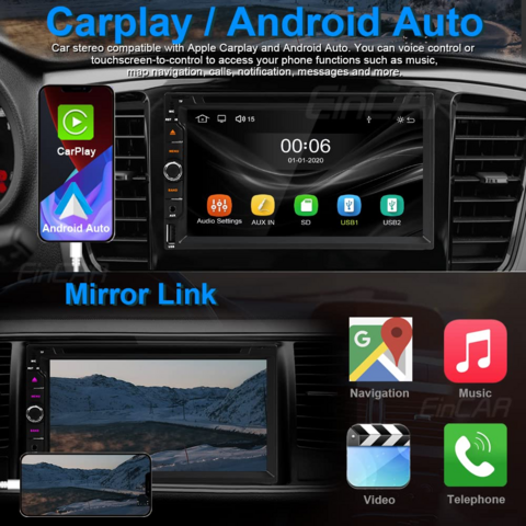 2+64G 9 inch Android Double Din Car Stereo with Apple Carplay Android Auto  Mirror Link Multimedia Player Touchscreen Radio with Bluetooth Split Screen