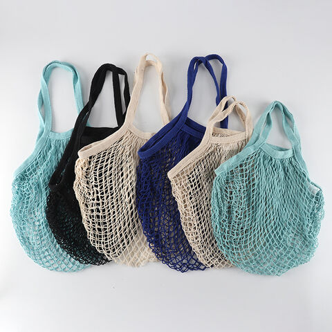 Long handle reusable grocery tote mesh fruit vegetable drawstring shopping cotton tote bag